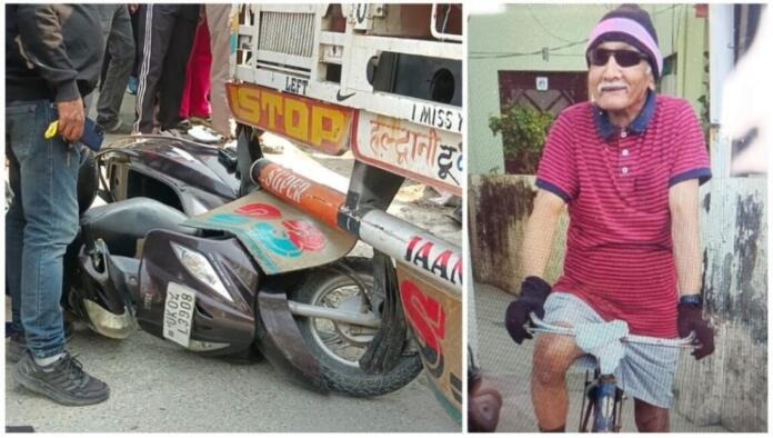 कैंटर के नीचे पड़ी सेवानिवृत्त कृषि वैज्ञानिक सुरेश चंद्र पांडे की स्कूटी व मृतक का फाइल फोटो।
