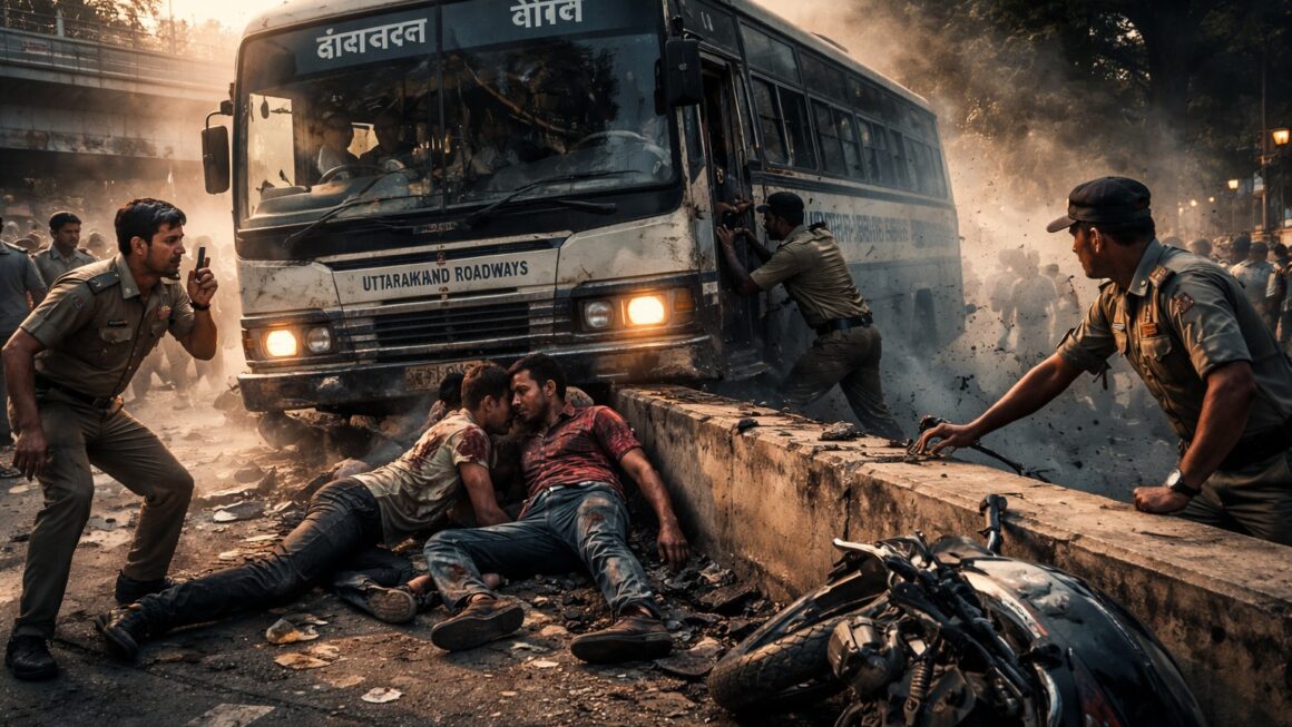 काठगोदाम रेलवे स्टेशन तिराहे के पास बस की चपेट में आए गोंडा के सैलानी।