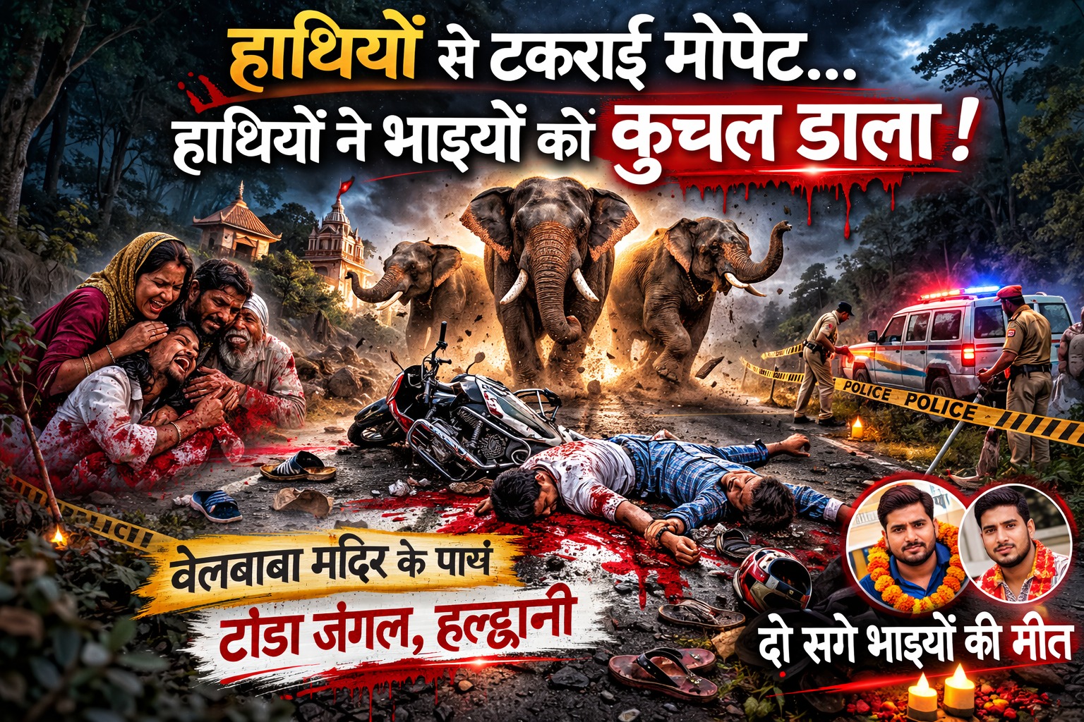 हाथियों से टकराई मोपेट, हाथियों ने भाइयों को कुचल डाला