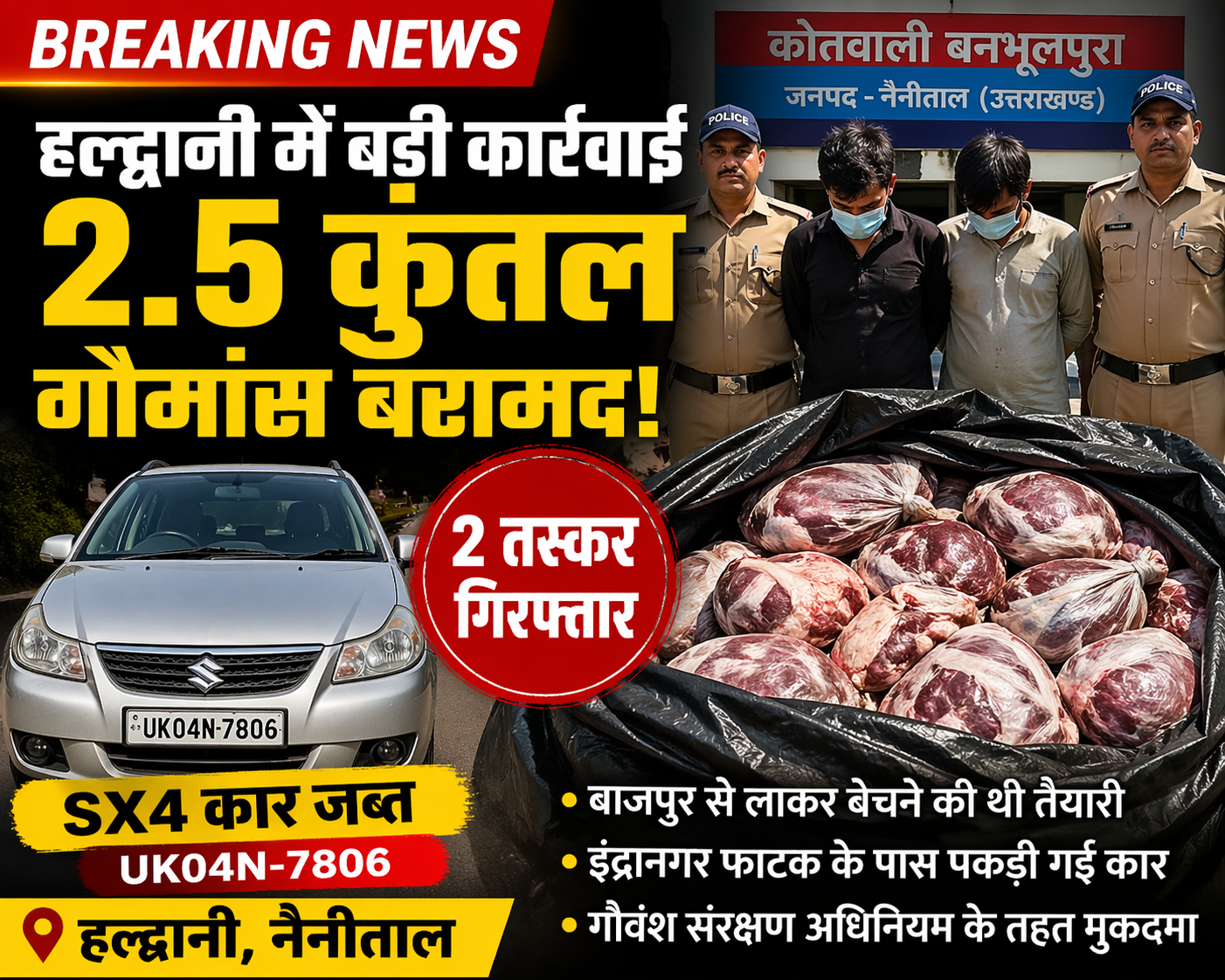 आवारा गायों के हत्यारे उस्मान और मोईन ढाई सौ किग्रा गौमांस के साथ गिरफ्तार