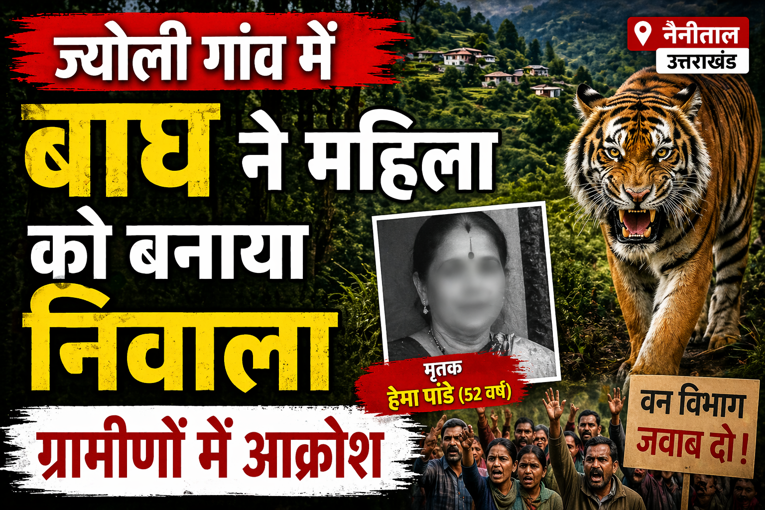 ज्योली गांव में बाघ ने महिला को मारा, छत-विक्षत हालत में मिला शव