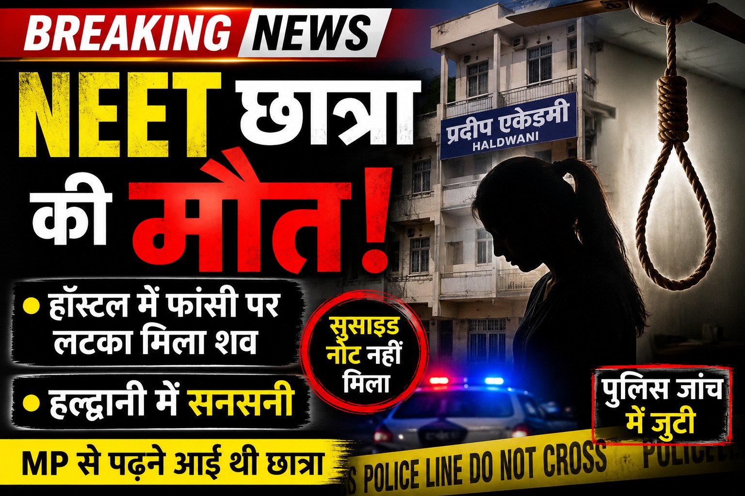 एमपी की नीट की छात्रा ने हल्द्वानी में फांसी लगाई।