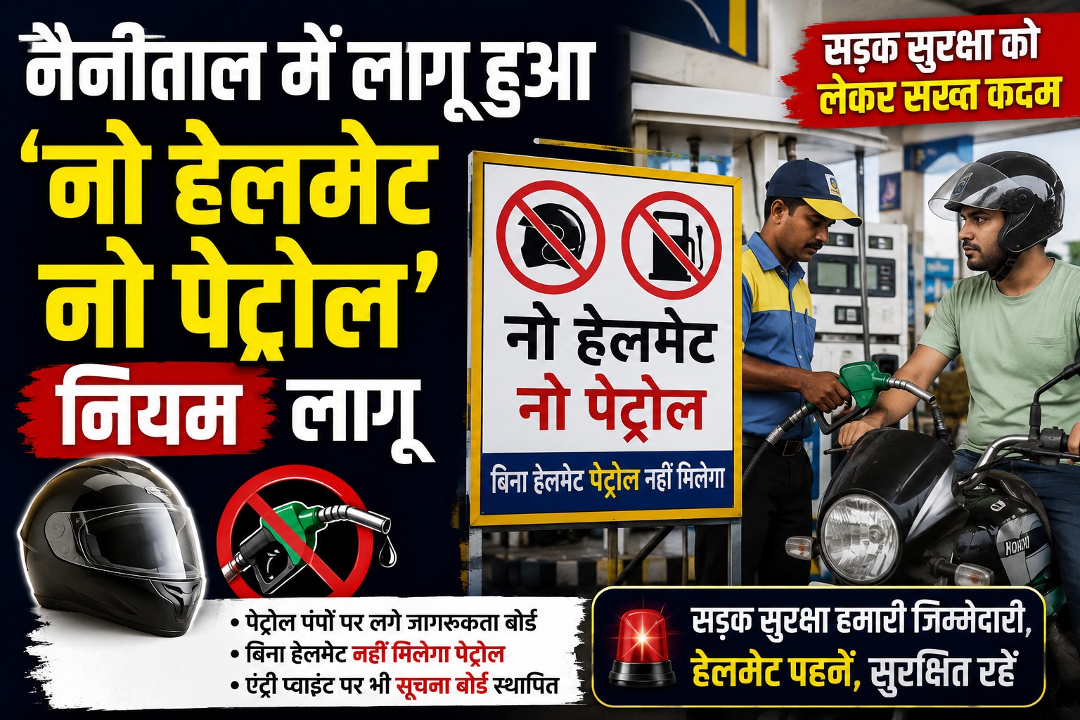 नैनीताल में ‘नो हेलमेट-नो पेट्रोल’ नियम लागू, एंट्री प्वाइंट पर लगे बोर्ड